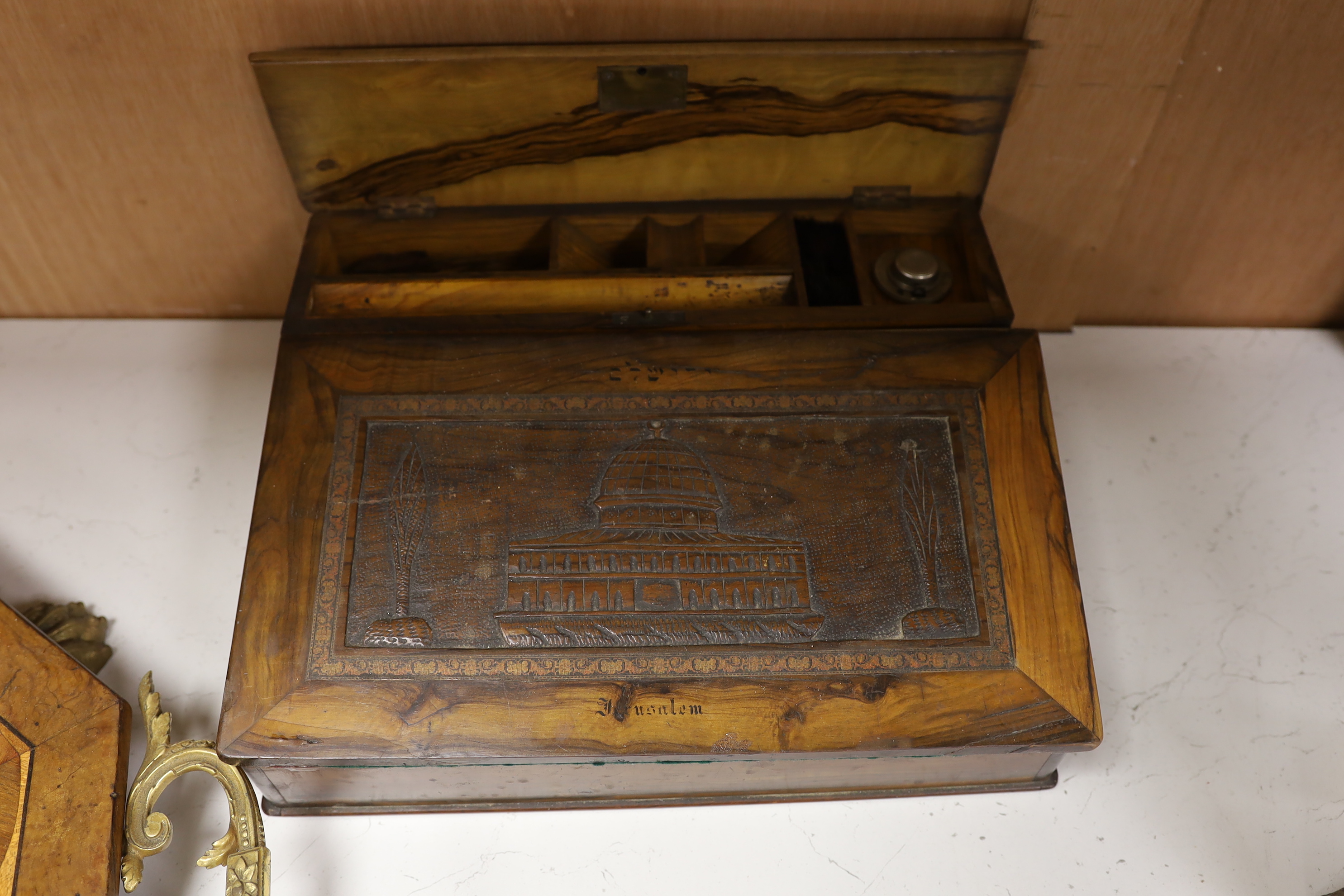 A Jerusalem ware tray and a similar olive wood writing slope, tray 55cm handle to handle